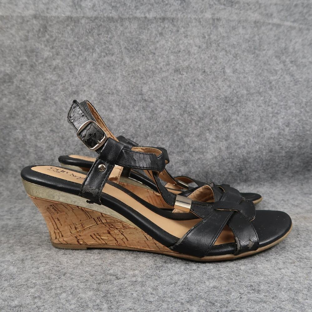 EuroSoft Shoes Womens 8 Dress Sandal Wedge Strappy Open Toe Fashion Buckle Black